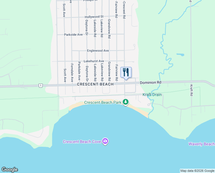 map of restaurants, bars, coffee shops, grocery stores, and more near 367 Grandview Road in Fort Erie