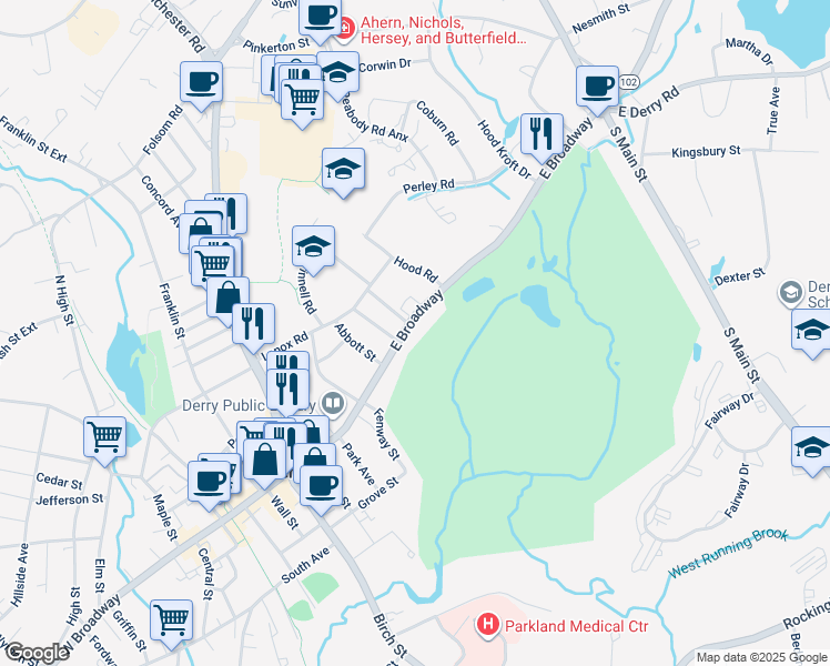 map of restaurants, bars, coffee shops, grocery stores, and more near 92 East Broadway in Derry