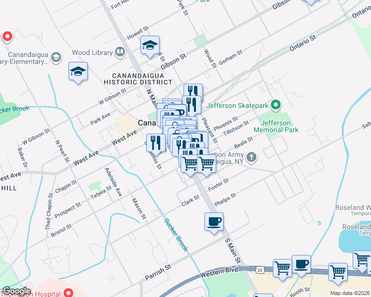 map of restaurants, bars, coffee shops, grocery stores, and more near 97 South Main Street in Canandaigua