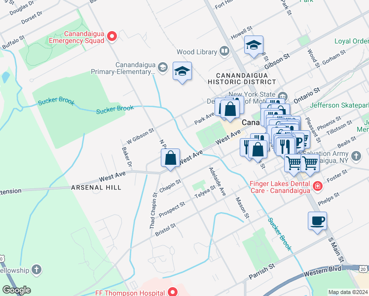 map of restaurants, bars, coffee shops, grocery stores, and more near 137 Park Avenue in Canandaigua