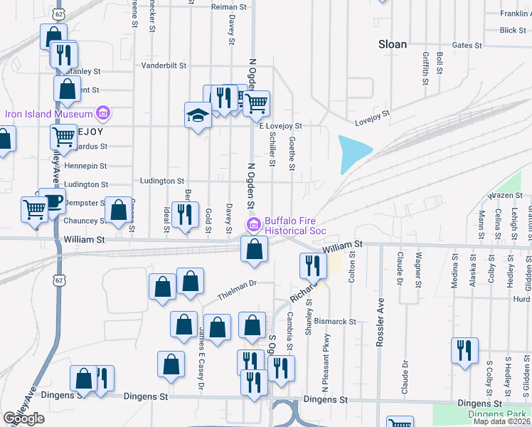 map of restaurants, bars, coffee shops, grocery stores, and more near 57 Schiller Street in Buffalo