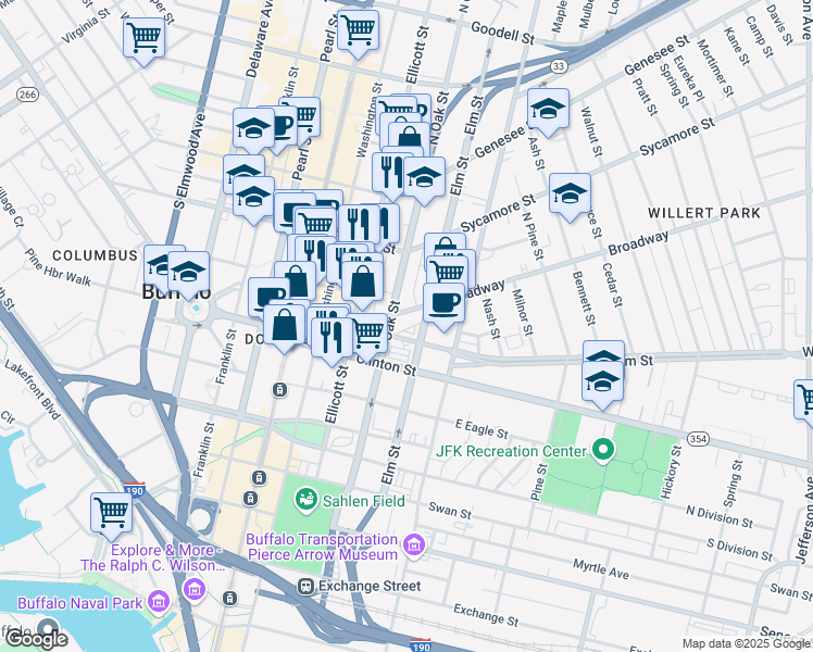 map of restaurants, bars, coffee shops, grocery stores, and more near 90 Broadway in Buffalo