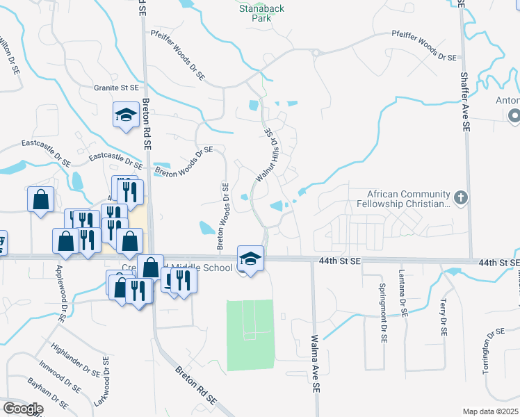 map of restaurants, bars, coffee shops, grocery stores, and more near 4260 Walnut Hills Lane Southeast in Kentwood