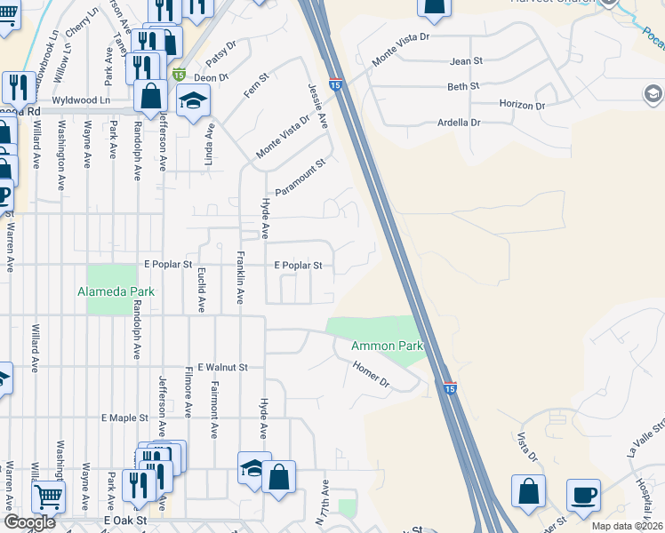 map of restaurants, bars, coffee shops, grocery stores, and more near 1435 Eastridge Drive in Pocatello