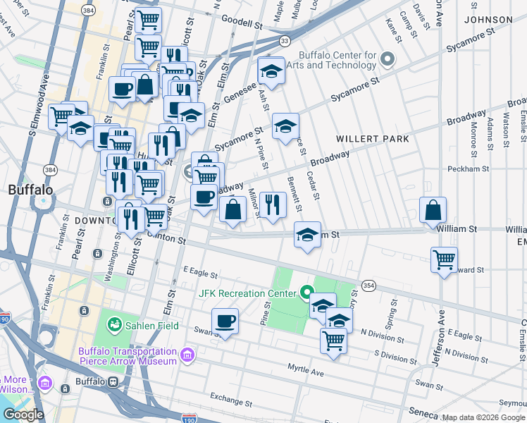map of restaurants, bars, coffee shops, grocery stores, and more near 245 Pine Street in Buffalo