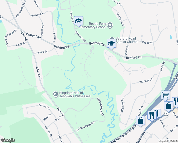 map of restaurants, bars, coffee shops, grocery stores, and more near 6 Barnes Lane in Merrimack