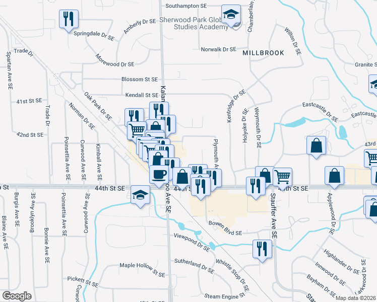map of restaurants, bars, coffee shops, grocery stores, and more near 1670 Langley Street Southeast in Grand Rapids