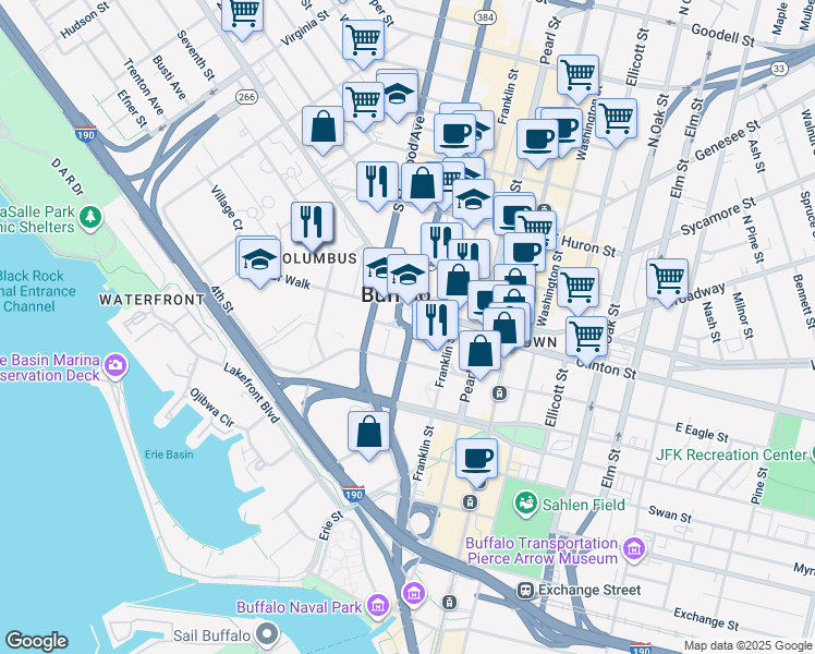 map of restaurants, bars, coffee shops, grocery stores, and more near Niagara Square in Buffalo