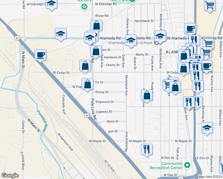 map of restaurants, bars, coffee shops, grocery stores, and more near 746 Ebony Street in Pocatello