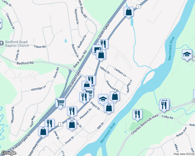 map of restaurants, bars, coffee shops, grocery stores, and more near 623 Daniel Webster Highway in Merrimack