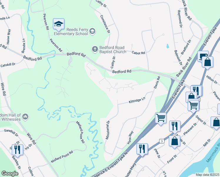 map of restaurants, bars, coffee shops, grocery stores, and more near 10 Quails Way in Merrimack