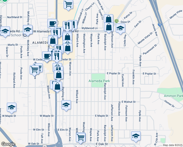 map of restaurants, bars, coffee shops, grocery stores, and more near 601 East Poplar Street in Pocatello
