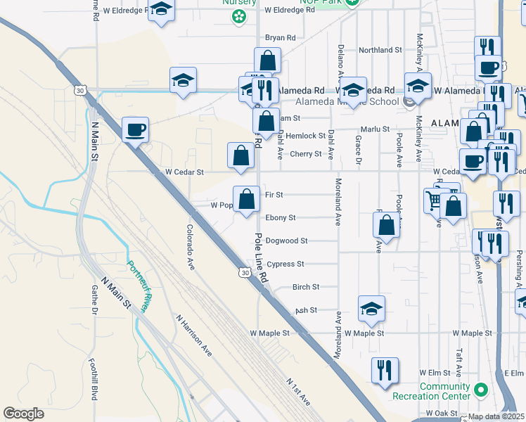 map of restaurants, bars, coffee shops, grocery stores, and more near 798 Ebony Street in Pocatello