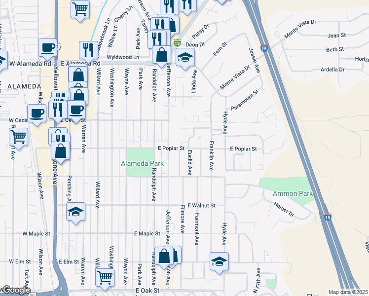map of restaurants, bars, coffee shops, grocery stores, and more near 1010 East Poplar Street in Pocatello