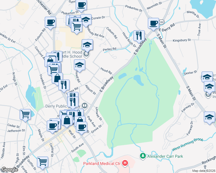 map of restaurants, bars, coffee shops, grocery stores, and more near 92 East Broadway in Derry