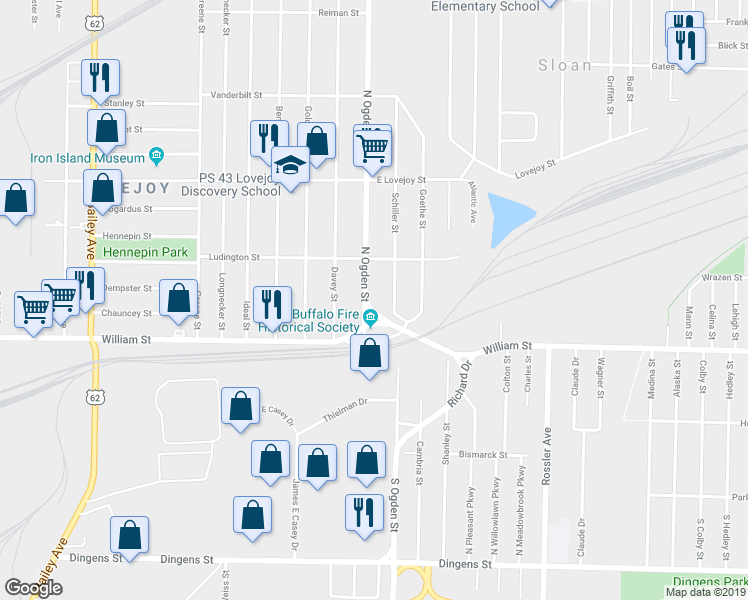 map of restaurants, bars, coffee shops, grocery stores, and more near 66 North Ogden Street in Buffalo