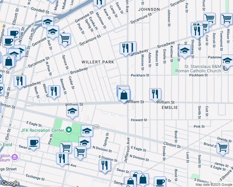 map of restaurants, bars, coffee shops, grocery stores, and more near 43 Mortimer Street in Buffalo