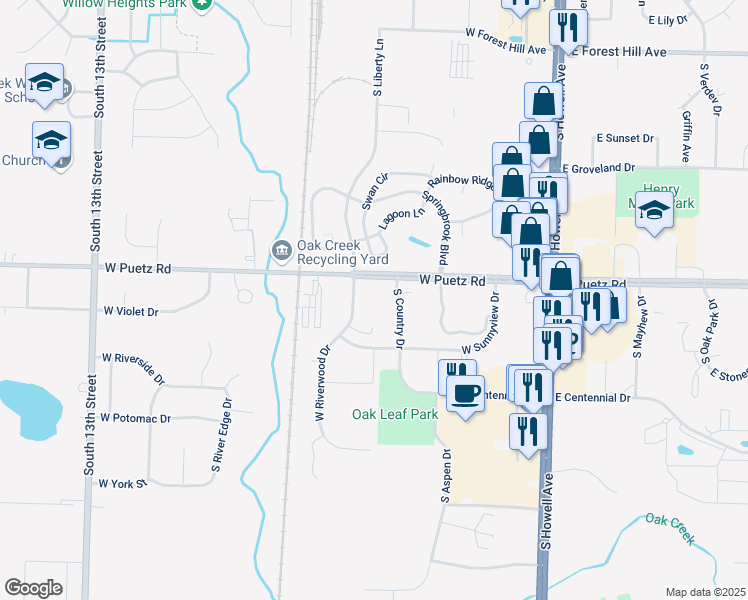 map of restaurants, bars, coffee shops, grocery stores, and more near 445 West Puetz Road in Oak Creek