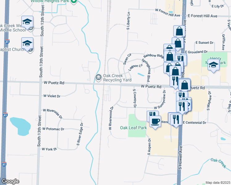 map of restaurants, bars, coffee shops, grocery stores, and more near in Oak Creek