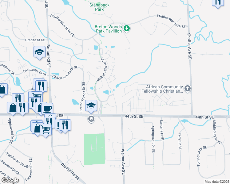 map of restaurants, bars, coffee shops, grocery stores, and more near 4260 Hidden Lakes Drive Southeast in Kentwood