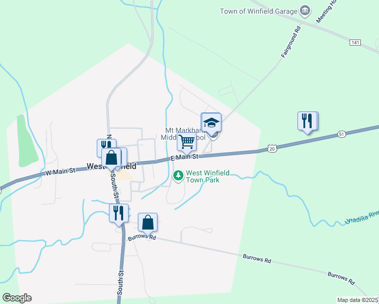 map of restaurants, bars, coffee shops, grocery stores, and more near 485 East Main Street in West Winfield