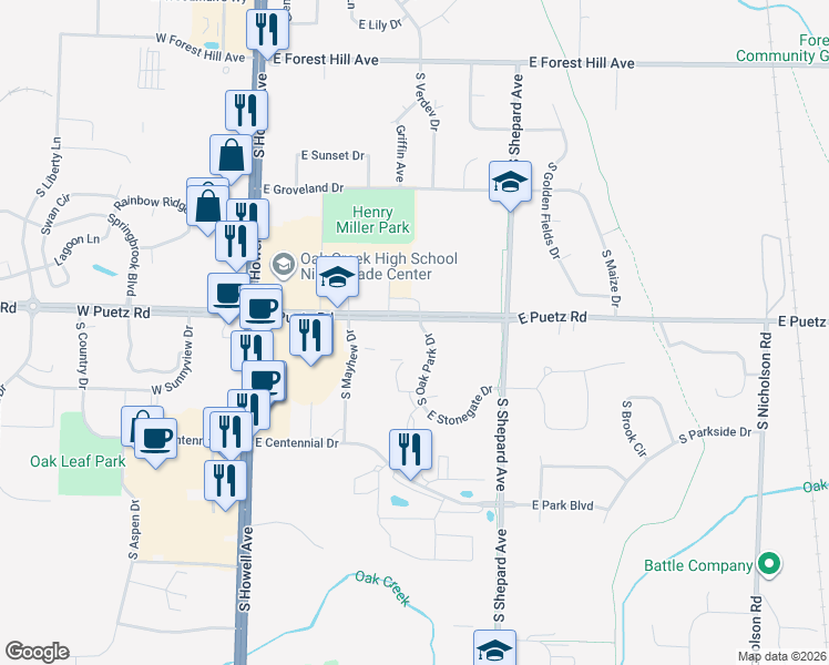 map of restaurants, bars, coffee shops, grocery stores, and more near 8721 South Oak Park Drive in Oak Creek