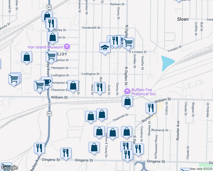map of restaurants, bars, coffee shops, grocery stores, and more near 64 Gold Street in Buffalo