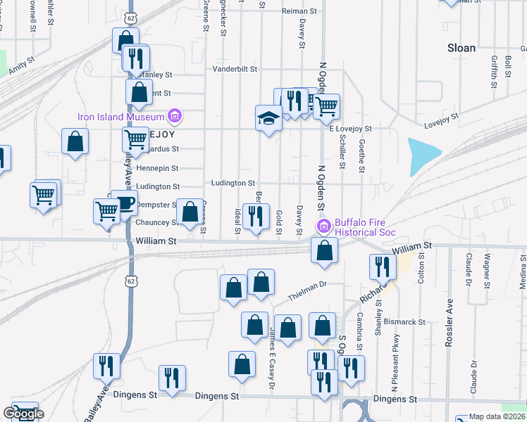 map of restaurants, bars, coffee shops, grocery stores, and more near 47 Benzinger Street in Buffalo