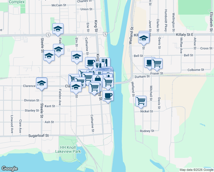 map of restaurants, bars, coffee shops, grocery stores, and more near in Port Colborne