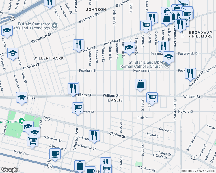map of restaurants, bars, coffee shops, grocery stores, and more near 364 Emslie Street in Buffalo