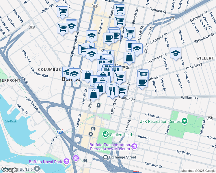 map of restaurants, bars, coffee shops, grocery stores, and more near 465 Washington Street in Buffalo