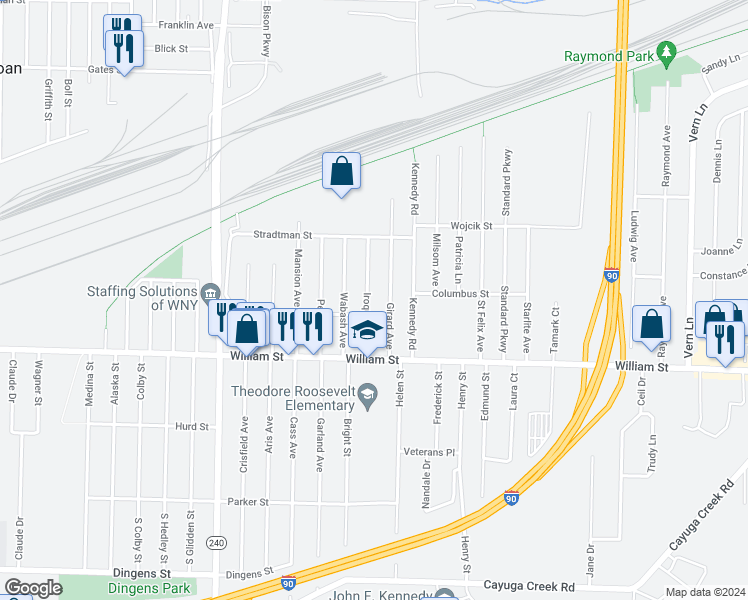 map of restaurants, bars, coffee shops, grocery stores, and more near 82 Iroquois Avenue in Cheektowaga