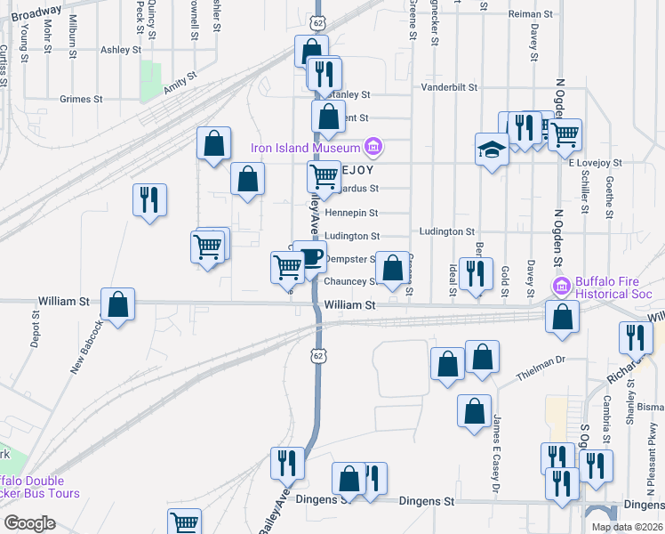 map of restaurants, bars, coffee shops, grocery stores, and more near 22 Dempster Street in Buffalo