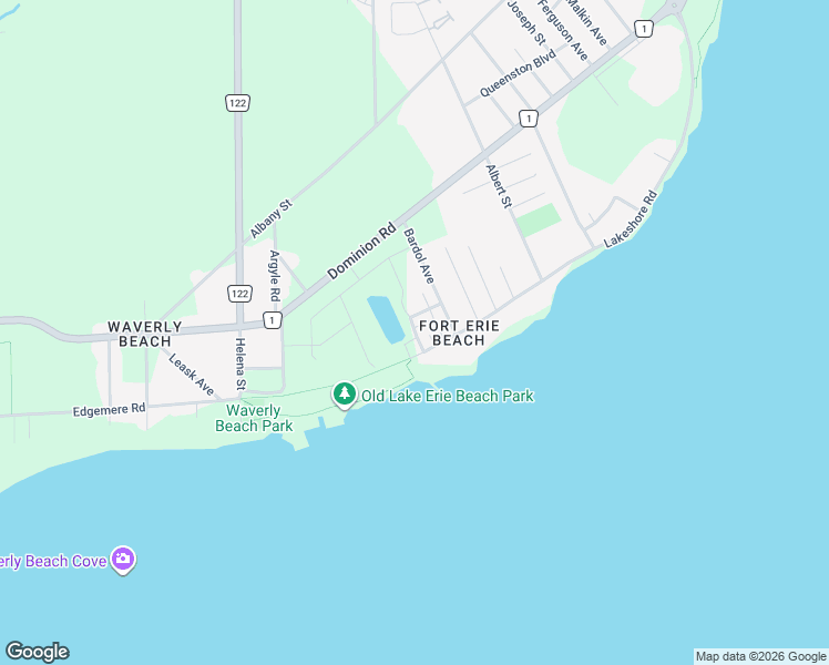 map of restaurants, bars, coffee shops, grocery stores, and more near Buttonwood Drive in Fort Erie