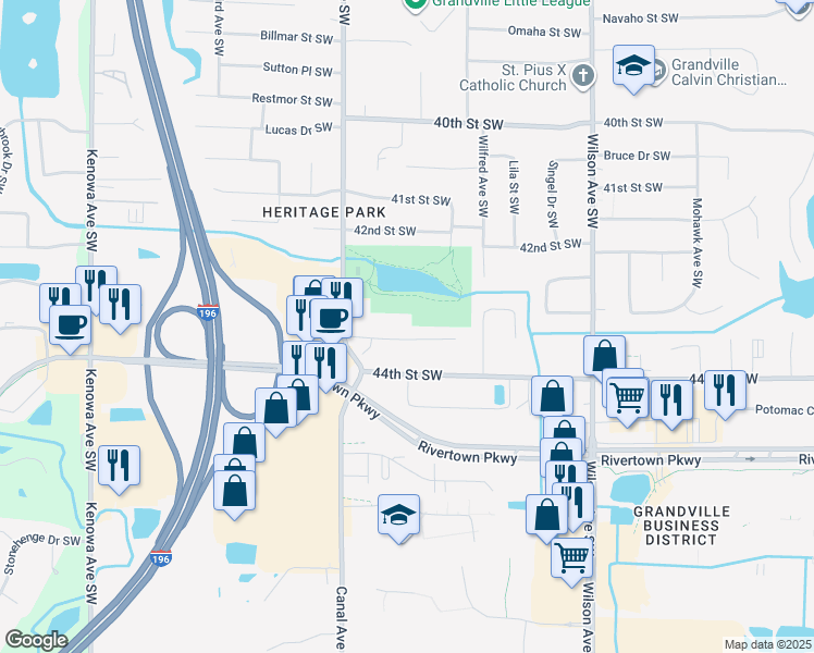 map of restaurants, bars, coffee shops, grocery stores, and more near 4300 Parkview Drive Southwest in Grandville