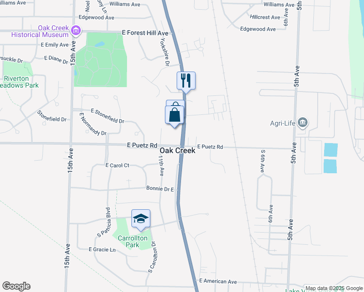 map of restaurants, bars, coffee shops, grocery stores, and more near S Chicago Rd & E Puetz Rd in Oak Creek