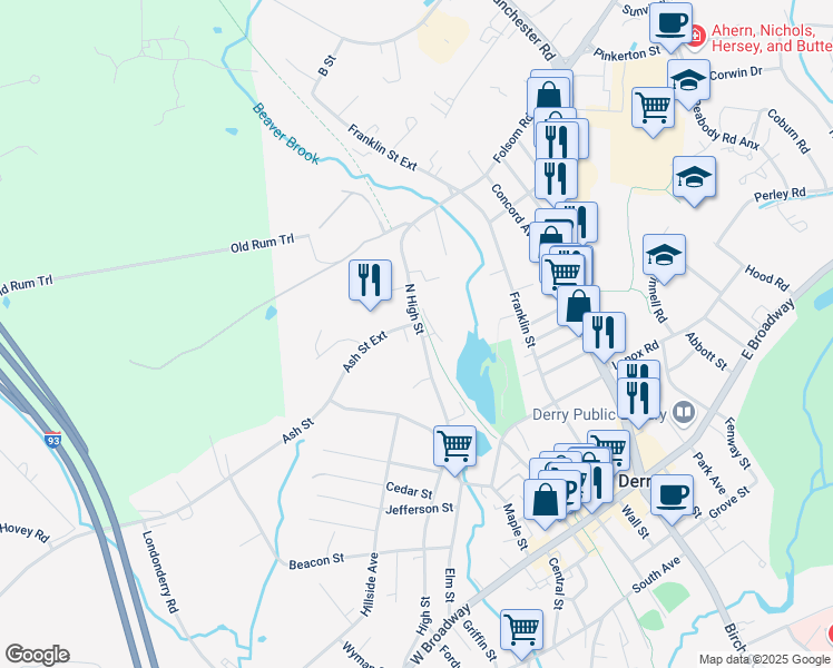 map of restaurants, bars, coffee shops, grocery stores, and more near 66 North High Street in Derry