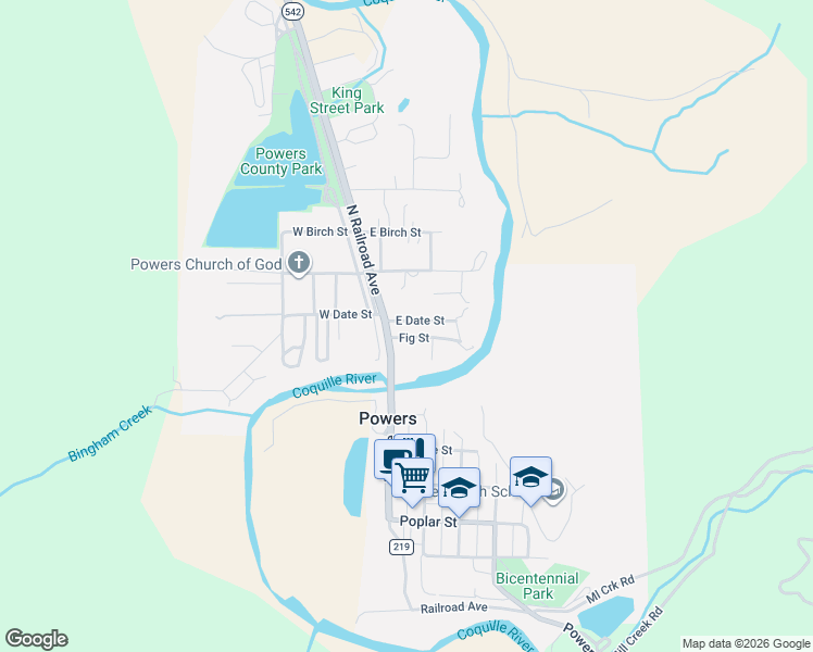 map of restaurants, bars, coffee shops, grocery stores, and more near 130 East Date Street in Powers