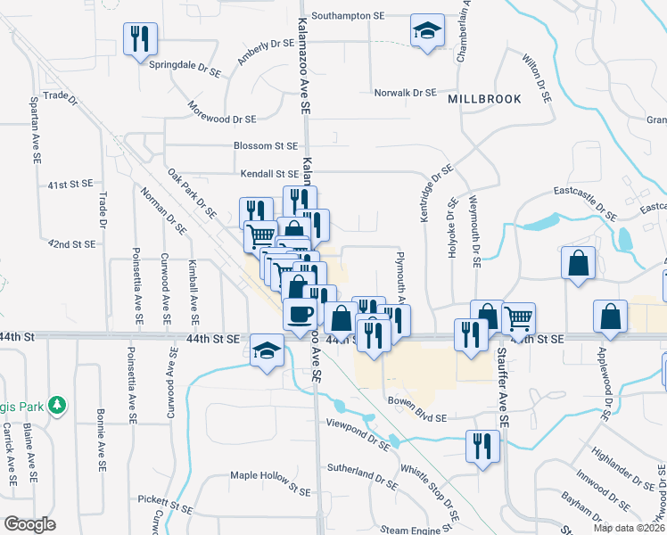 map of restaurants, bars, coffee shops, grocery stores, and more near 1670 Langley Street Southeast in Grand Rapids
