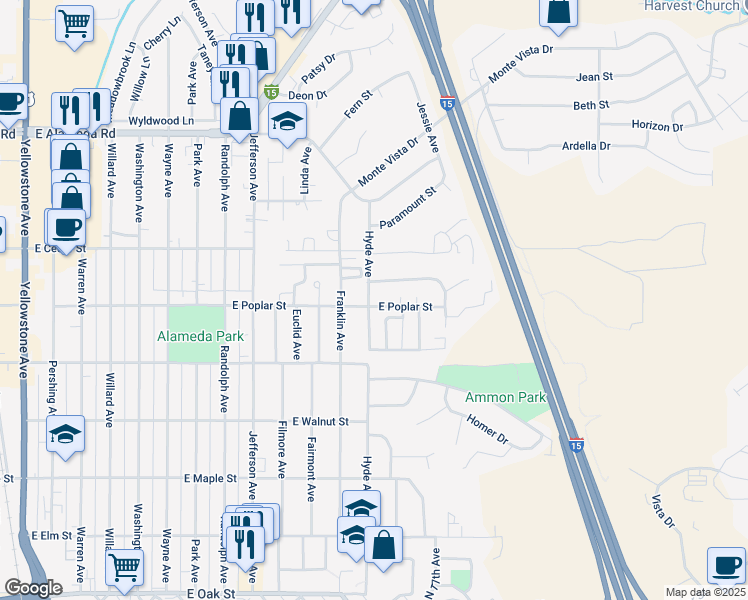 map of restaurants, bars, coffee shops, grocery stores, and more near 1316 East Poplar Street in Pocatello