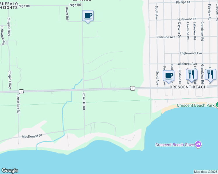 map of restaurants, bars, coffee shops, grocery stores, and more near 400 Brantford Avenue in Fort Erie