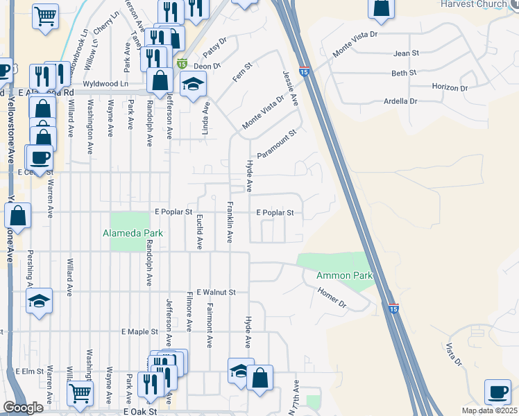 map of restaurants, bars, coffee shops, grocery stores, and more near 1342 East Poplar Street in Pocatello