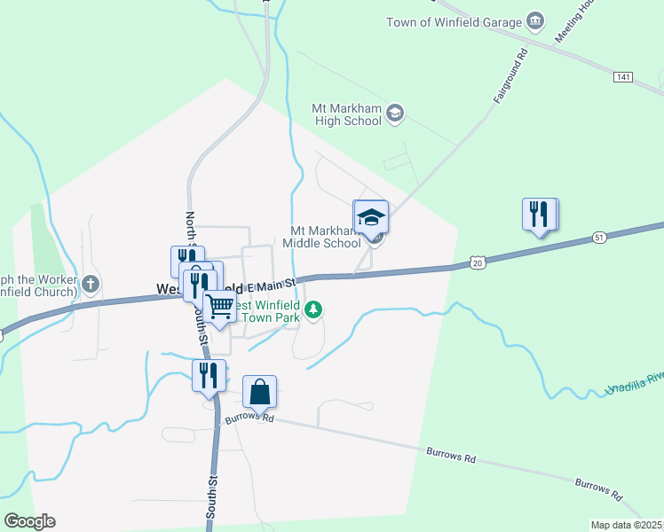 map of restaurants, bars, coffee shops, grocery stores, and more near 485 East Main Street in West Winfield