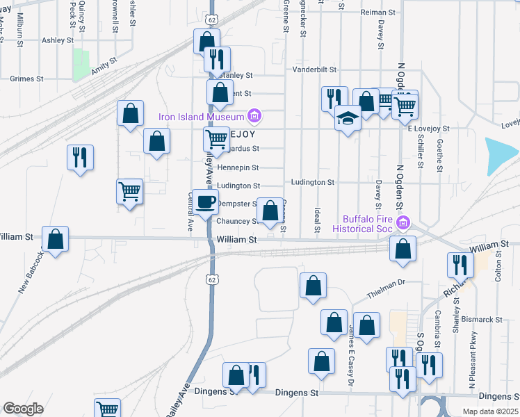 map of restaurants, bars, coffee shops, grocery stores, and more near 81 Dempster Street in Buffalo