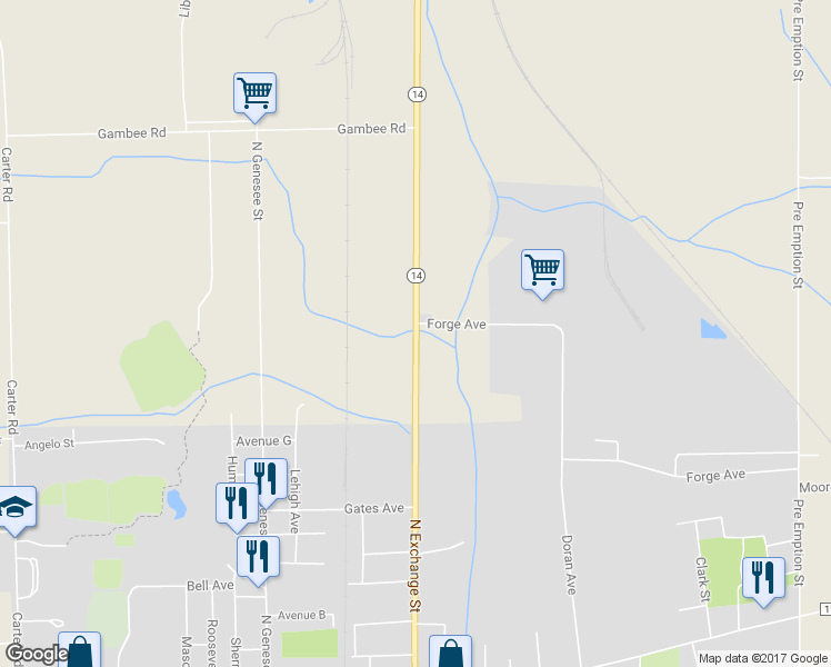 map of restaurants, bars, coffee shops, grocery stores, and more near 265 Lyons Road in Geneva