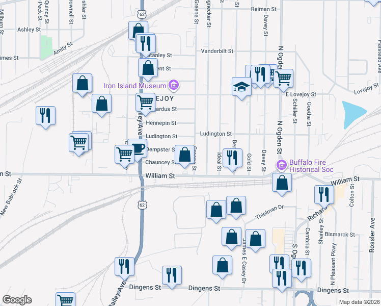 map of restaurants, bars, coffee shops, grocery stores, and more near 112 Dempster Street in Buffalo