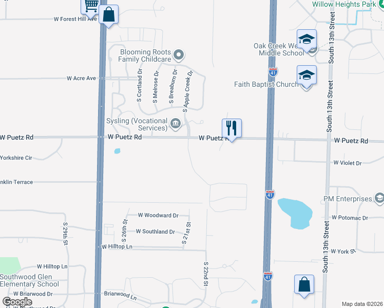 map of restaurants, bars, coffee shops, grocery stores, and more near 2125 West Puetz Road in Oak Creek