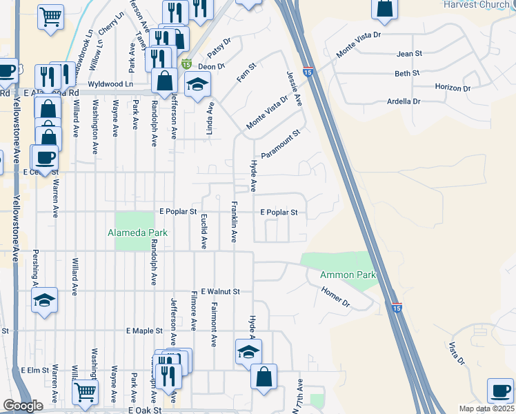 map of restaurants, bars, coffee shops, grocery stores, and more near 625 Hyde Avenue in Pocatello