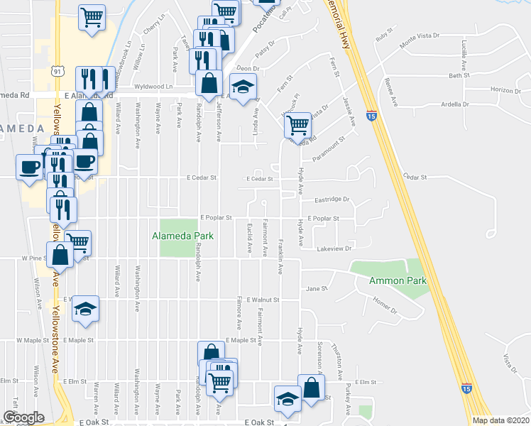 map of restaurants, bars, coffee shops, grocery stores, and more near 1110 East Poplar Street in Pocatello
