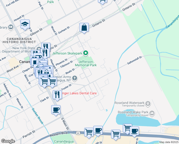 map of restaurants, bars, coffee shops, grocery stores, and more near 275 Jefferson Avenue in Canandaigua